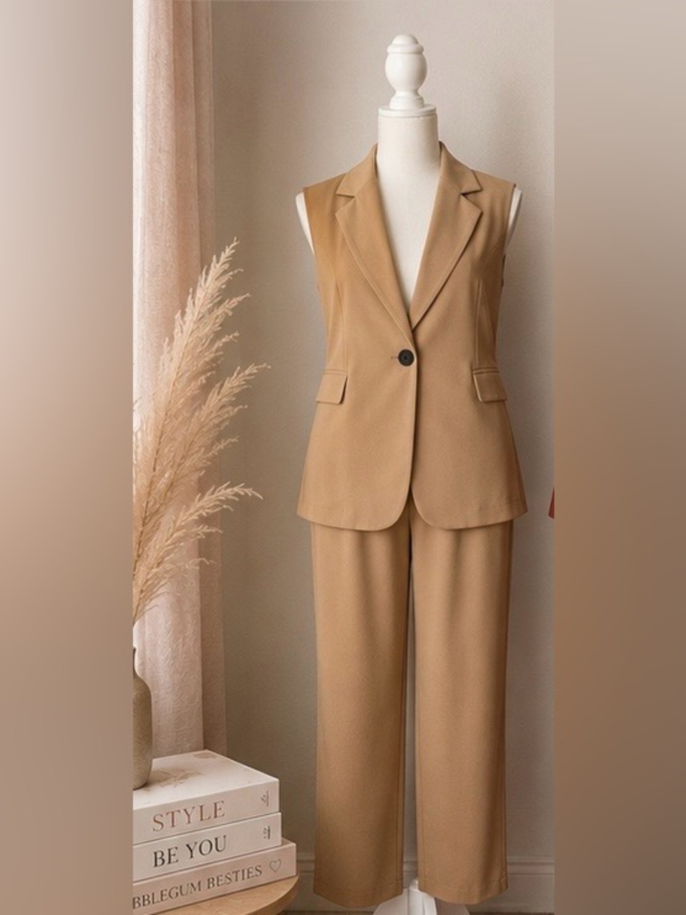 Tailored Sleeveless Blazer & Pants Set - Camel